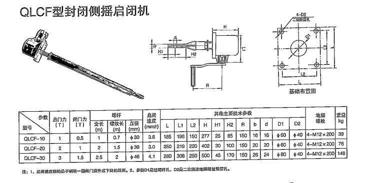 QLCF封閉側(cè)搖啟閉機結(jié)構(gòu)布置圖及尺寸參數(shù)表