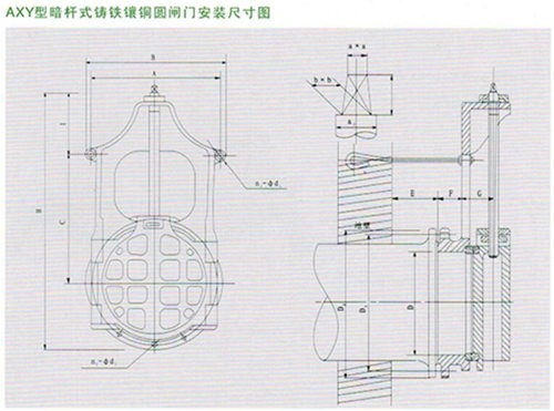 AXY型暗桿式鑄鐵鑲銅圓閘門安裝尺寸圖