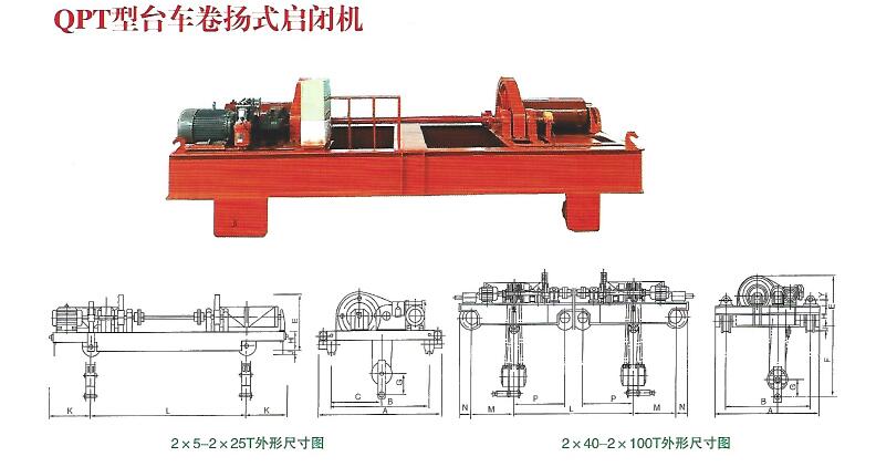 QPT型2×40-2×100T臺車卷揚(yáng)啟閉機(jī)技術(shù)參數(shù)及尺寸表